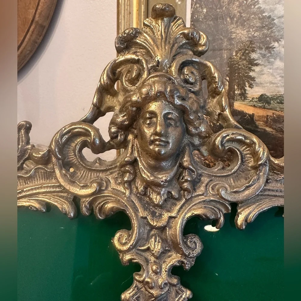 Antique Ornate Solid Brass Rococo Style Dual-Photo Frame with Face and Cherubs